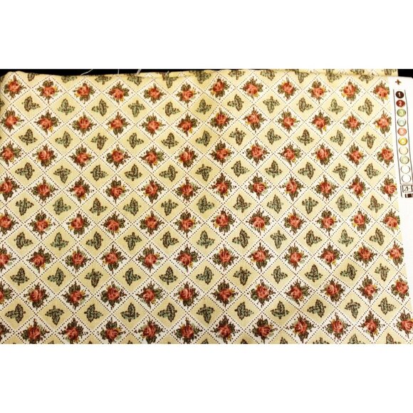 Village Screen Print Fabric Little Treasure Yellow Rose Floral Checked 1 yard - Picture 1 of 9